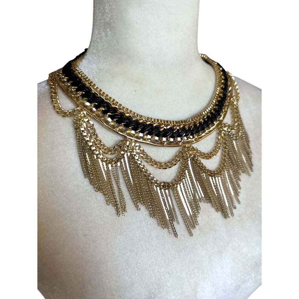 BCBG Maxazaria Gold Chain & Black Faux Leather Cascading Bib Necklace, NWOT